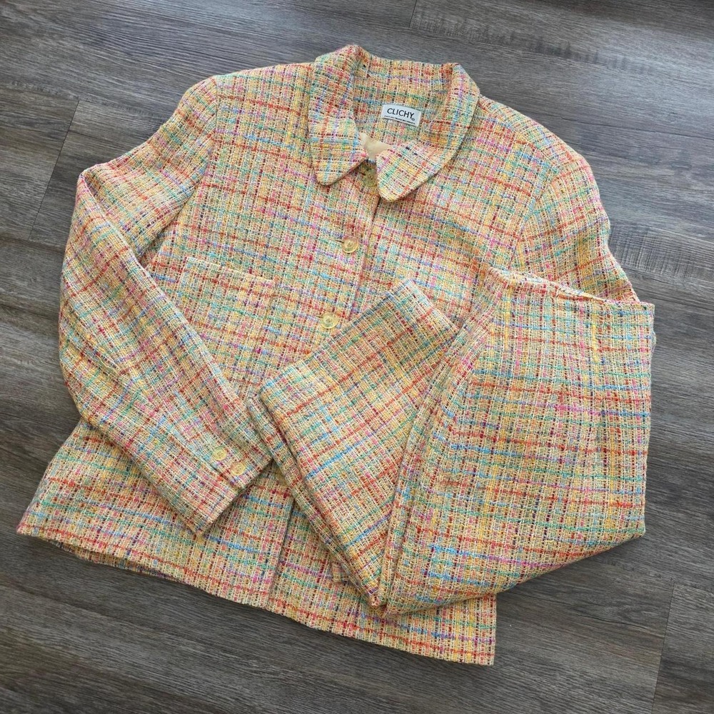 Clichy Vintage Pastel Multicolor Tweed Skirt Suit Set Yellow Pink Blue 6